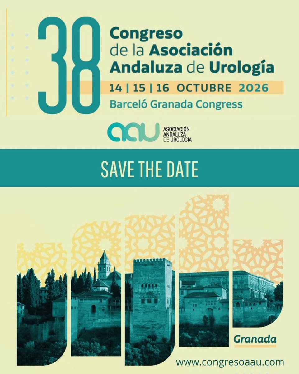 AAUrologia's tweet photo. 🗣️ ¡Save the date!
Del 14 al 16 de octubre de 2026, #Granada acogerá el 38º Congreso de la @AAUrologia, un espacio de referencia para compartir conocimiento, impulsar la innovación y fortalecer la colaboración entre profesionales. https://t.co/dnzeS58UJF https://t.co/RRDyVqlCoF