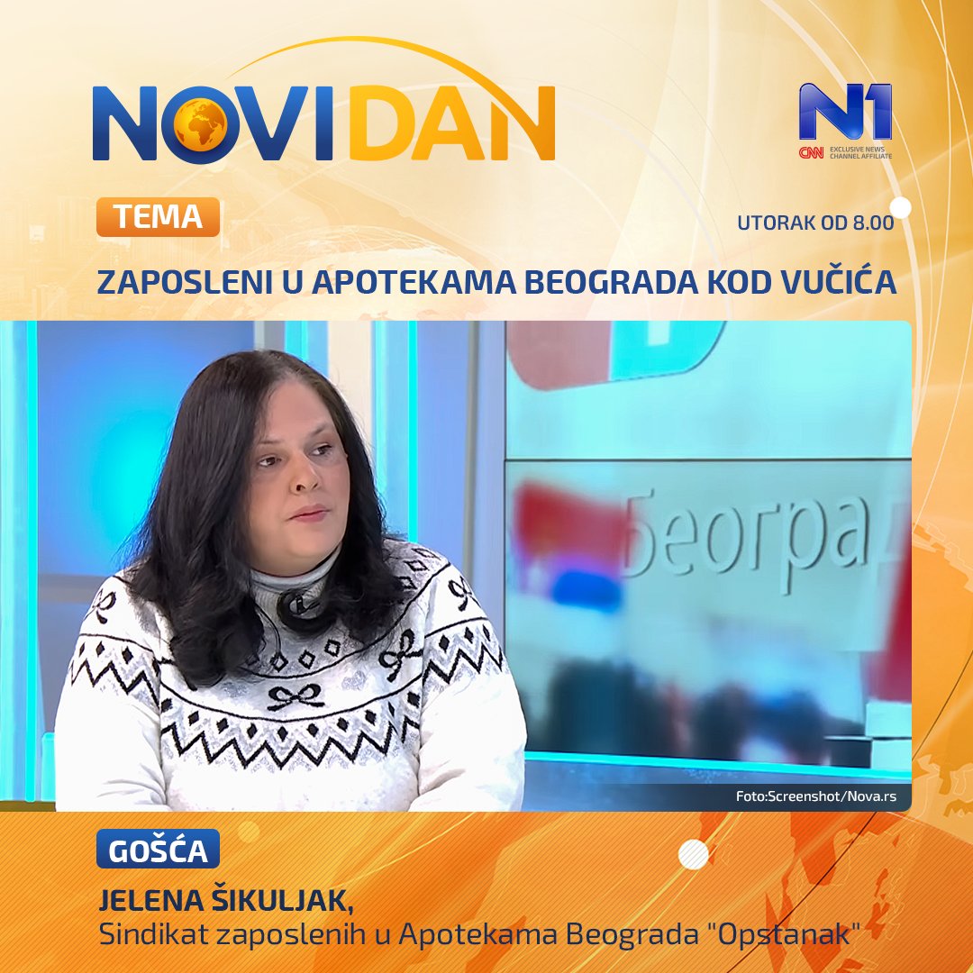 n1srbija's tweet photo. U utorak u #NoviDan o zaposlenima u Apotekama Beograda koji će rešenje za nagomilane probleme te ustanove od predsednika Srbije Aleksandra Vučića.

Reporterka N1 pratiće sastanak članova kabineta predsednika Vučića sa predstavnicima Sindikata "Opstanak", a gošća jutarnjeg programa biće jedna od njih, Jelena Šikuljak.

U Skupštini Srbije nastavlja se sednica o nepoverenju Vladi Srbije, a pratiće je @zanabulajic

Raspravu narodnih poslanika, ali i druge događaje i teme sa naslovnih strana dnevnih novina komentarisaće novinarka i urednica na @tvnova_s @MirkaNovinarka.

Posle beogradske, i novosadska Solidarna kuhinja u problemu. Na koji način su pozvali građane da im pomognu, proverava naša dopisnica.

Kako je Đani Infantino odgovorio kritičarima Svetskog prvenstva u fudbalu, ispričaće u redovnom sporskom izveštaju novinari @sportklub 

Emisija je na programu od osam časova, a vodi je @MiaBjelo