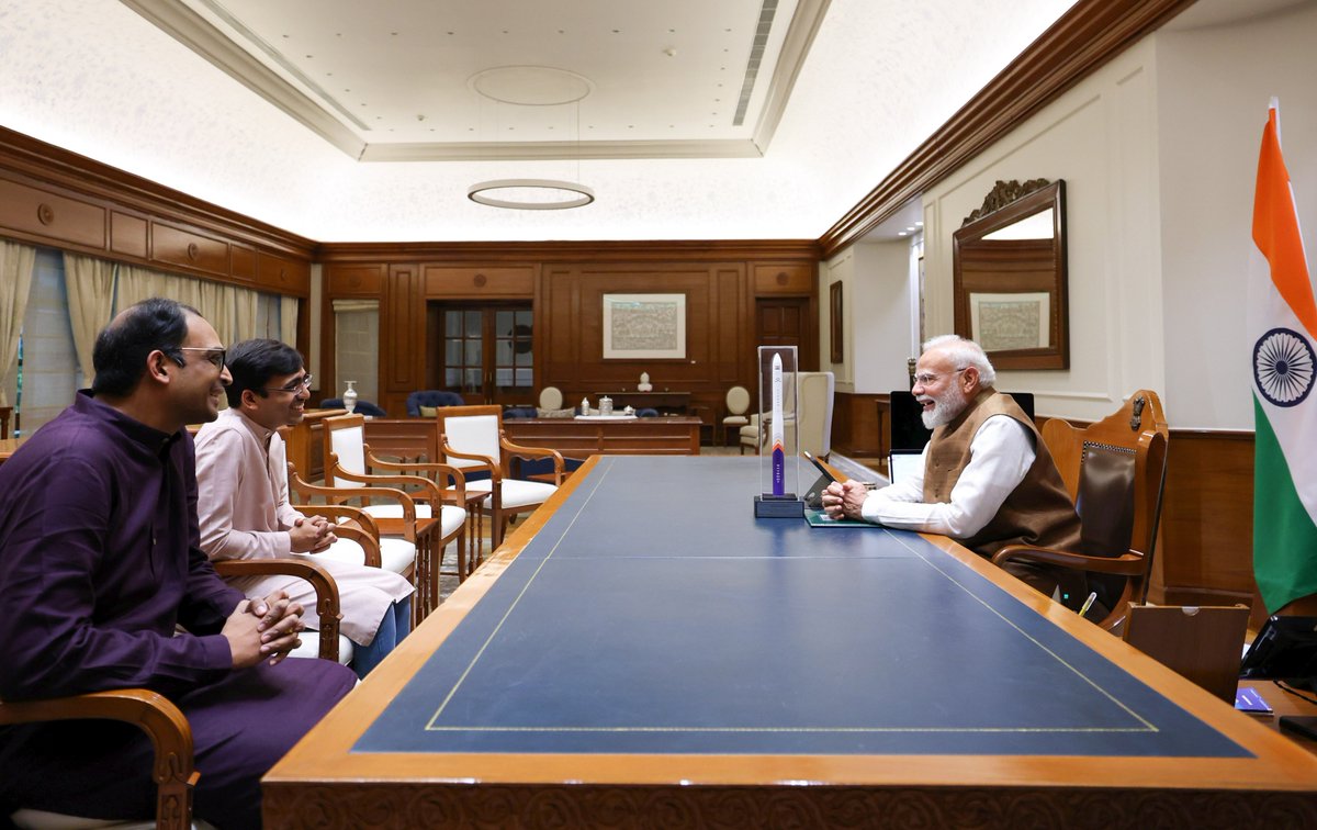 SkyrootA's tweet photo. An honour to meet Hon’ble Prime Minister Shri @narendramodi.

Our founders, Pawan Chandana and Naga Bharath Daka, had the privilege of sharing Skyroot’s journey, Vikram-1’s successful mission, and our vision for the future of space.

The Hon’ble Prime Minister discussed our technology, long-term vision, and the opportunities ahead for India’s private space ecosystem. His encouragement for young entrepreneurs and confidence in India’s growing innovation ecosystem continue to inspire us.

We are grateful for the visionary reforms that opened India’s space sector, the support of @INSPACeIND in enabling private spaceflight, and the trust and collaboration of @isro, whose facilities and expertise have helped companies like Skyroot take bold ideas from the drawing board to orbit.

The journey has only just begun. 
Onwards, from India to the world. 🇮🇳🚀

#SkyrootAerospace #Vikram1 #MissionAagaman