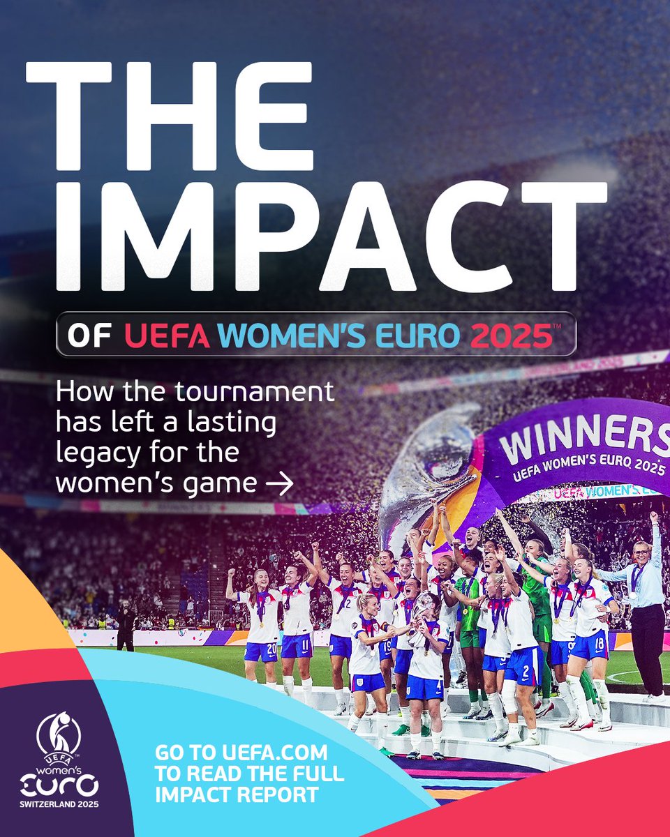 UEFA's tweet photo. 📈 The final whistle was just the beginning.
 
Discover how the record-breaking #WEURO2025 has created a lasting legacy across Europe.