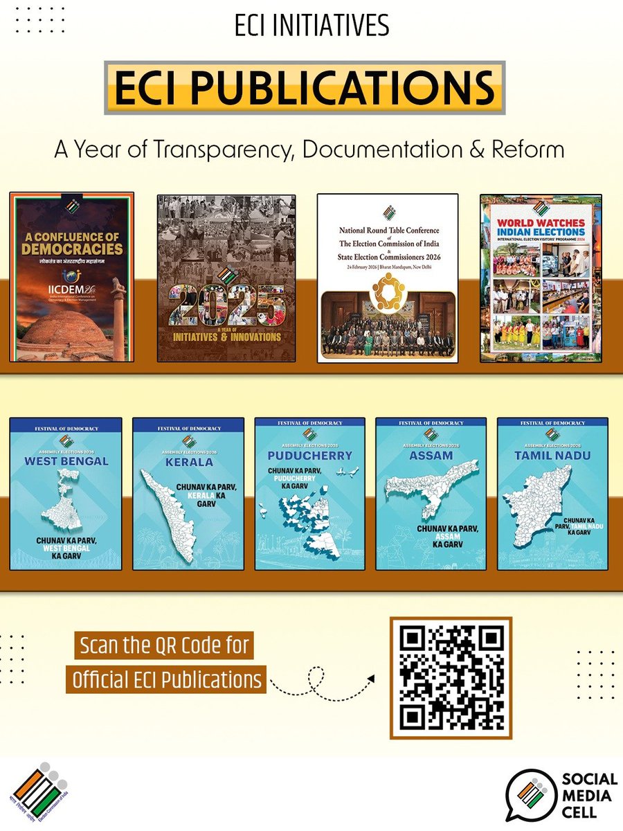 ECISVEEP's tweet photo. ECI Publications 2026 - A Year of Transparency, Documentation &amp; Reform 

Explore publications on the Assembly Elections 2026, IEVP 2026 and coffee table books highlighting #ECI key initiatives and IICDEM 2026.

Explore now-  https://t.co/3BpMxfWGoq  

#ECIInitiatives https://t.co/q7nSkIVtCZ