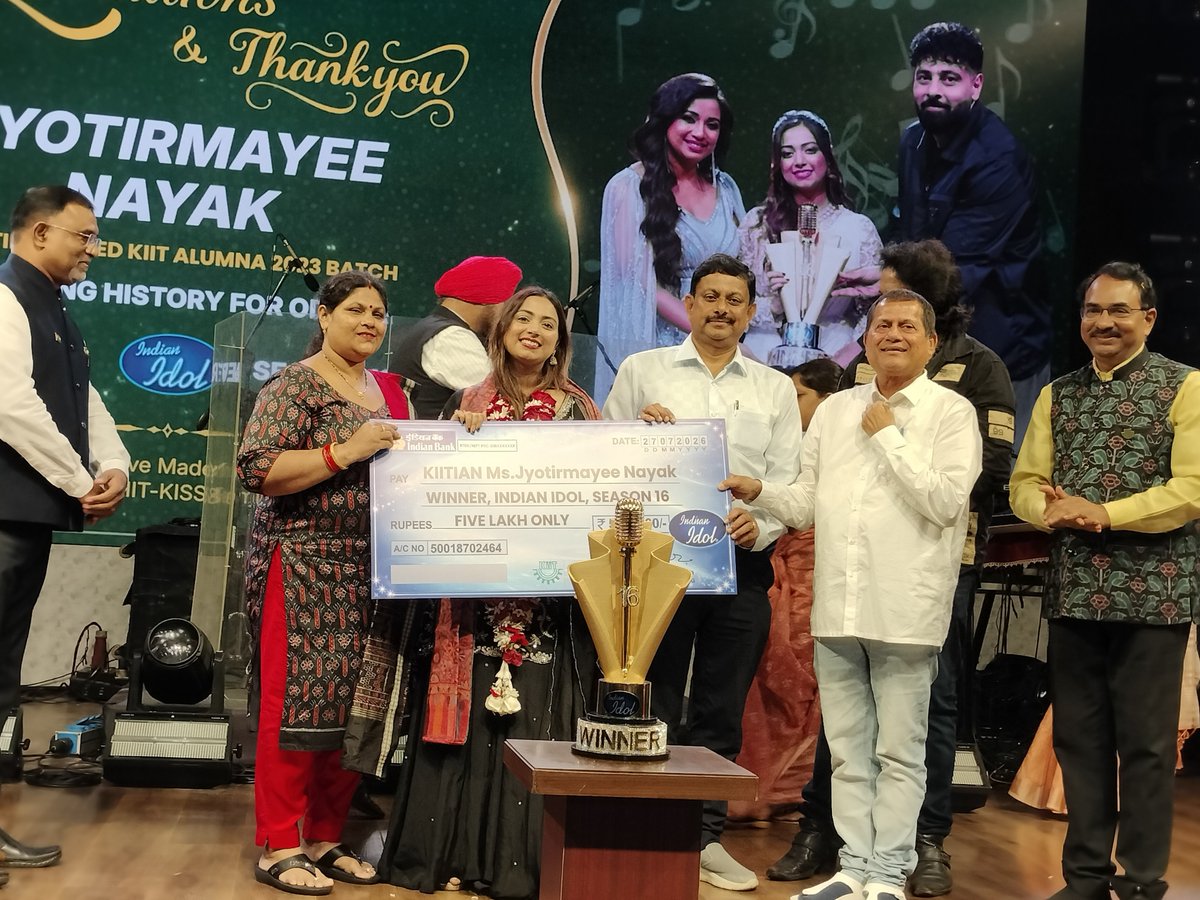KIITUniversity's tweet photo. A proud homecoming at KIIT as we welcomed and felicitated our alumna, Ms Jyotirmayee Nayak, following her remarkable victory in Indian Idol Season 16.

The celebration became even more special when she performed before the students, filling the campus with music and joy. Her talent, hard work and dedication have made Odisha proud and inspired many young minds to believe in their own abilities.

KIIT has always encouraged students to pursue excellence beyond academics and provided space for diverse talents to grow. Jyotirmayee’s success will motivate many more KIITians to work hard and shine in their chosen fields.

The entire KIIT & KISS family wishes her many more milestones in her musical career.