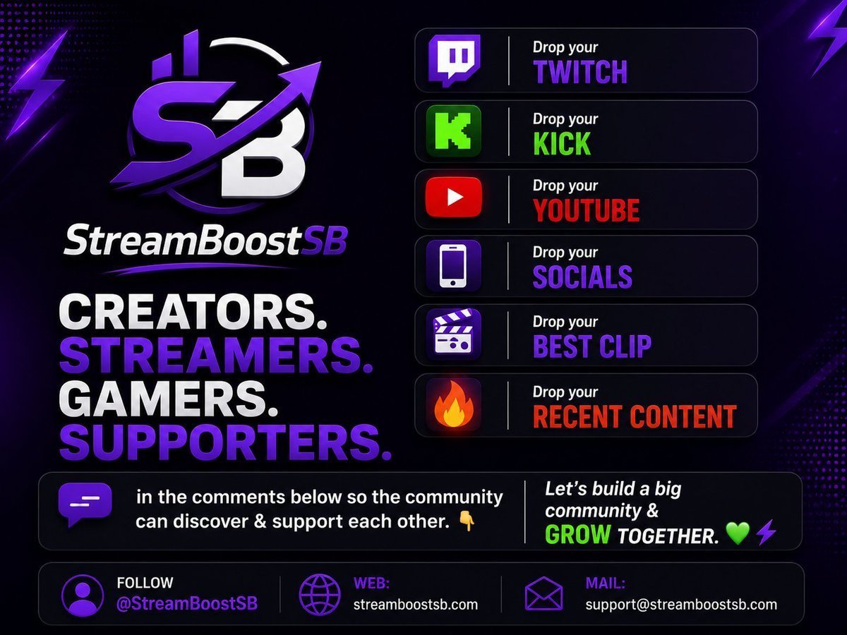 StreamBoostSB's tweet photo. Creators. Streamers. Gamers. Supporters.

Drop your:
🎮 Twitch
🌳 Kick
📺 YouTube
📱 Socials
🎥 Best clip
🔥 Recent content

in the comments below so the community can discover & support each other. 👇

Let’s build a big community & Grow together. 💚⚡

Follow @StreamBoostSB
Web: https://t.co/kwcXFgIiDV
Mail: support@streamboostsb.com