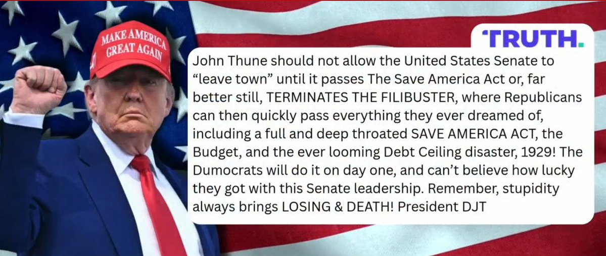 TonySeruga's tweet photo. Hey @LeaderJohnThune! If you leave town without passing the SAVE Act ... you’re telling every American citizen that their vote doesn’t matter as much as the convenience of your summer vacation schedule.

The SAVE Act passed the House. It’s been sitting in the Senate since April. You yourself called it “commonsense” — your words, John. You said requiring proof of citizenship to register to vote and showing ID at the polls should “get an automatic ‘yes’ vote from literally every member of this body.”

So what changed? The August recess?

The reality is that every day this bill sits in limbo while you are away for six weeks leaves the integrity of the November midterms in jeopardy. You know the timeline. Even your own retiring colleague, Tillis, acknowledged that over 10,000 governmental entities need to implement these changes. The clock isn’t just ticking — it’s screaming.

You told the White House to “get on the phone” and whip votes. Fair enough. But you’re the Majority Leader. The floor schedule is your gavel. If Democrats are blocking it, make them stand there and filibuster it for real — not this theatrical phone-it-in nonsense where you file cloture, shrug at 60 votes, and move on to the next funding resolution. Let the American people watch Chuck Schumer read the phone book for 18 hours to block voter ID. Make them own it on camera.

But skipping town? That’s not leadership. That’s surrender with a tan.

You said you couldn’t guarantee an outcome, but you could guarantee putting Democrats on the record. Well, the record right now is going to show one thing: Senate Republicans left for vacation without even taking the vote.
Don’t be the guy who talked a big game about election integrity in March and then packed his beach bag in July.

Keep the Senate in session. Force the vote. Let the chips fall.