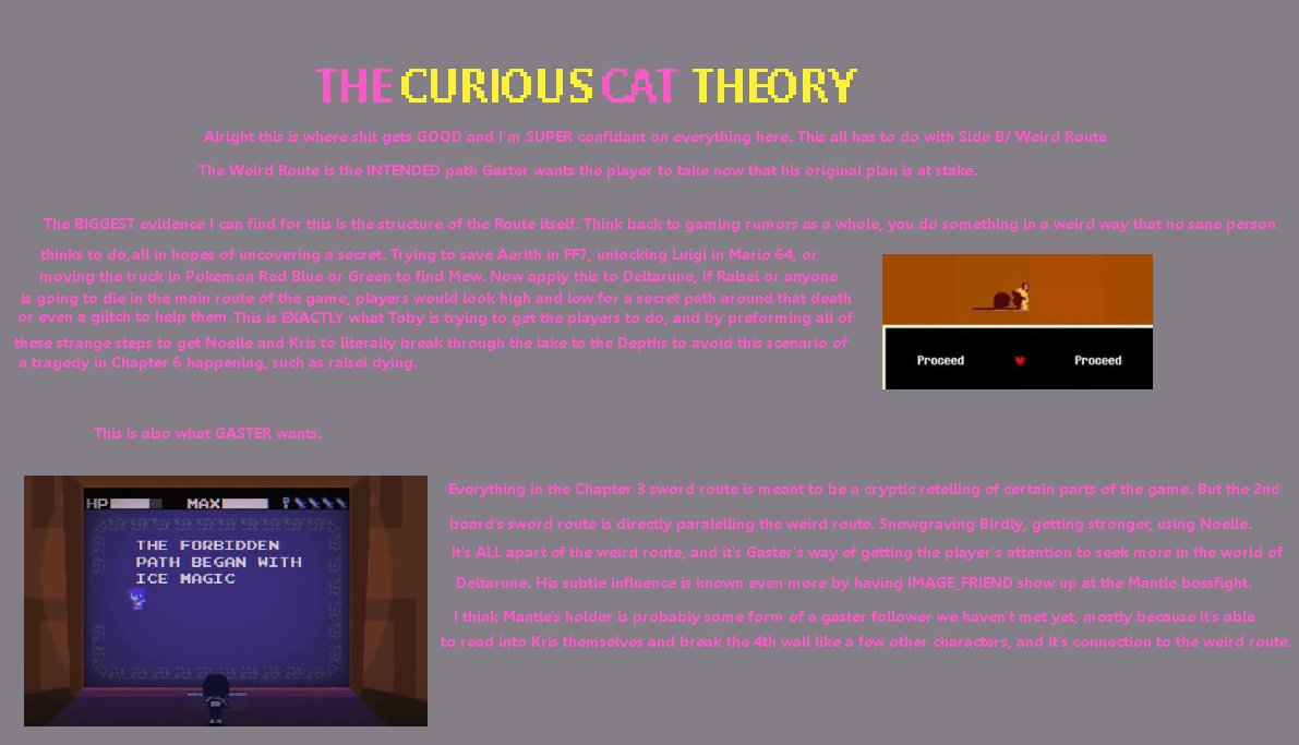 FlutterBuzzy's tweet photo. REUPLOADING MY DELTARUNE THEORY BOARD THING SO ITS EASIER TO READ PART 2: CURIOUS CAT THEORY https://t.co/oFX4zFU8F0