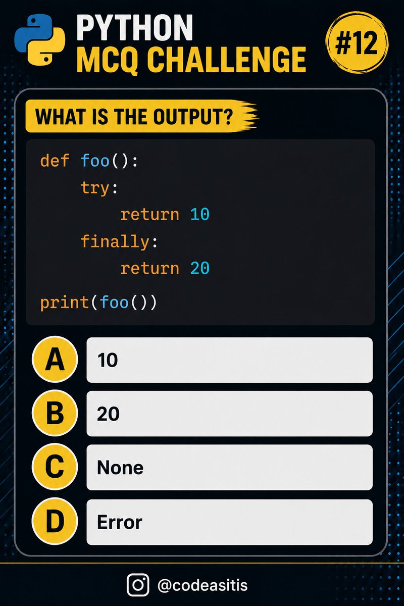 CodeAsItIs1's tweet photo. Python Coding Challenge #12

Check your python knowledge and comment your answer below 👇 

#python #pythonquiz https://t.co/VQEsD7hwaN
