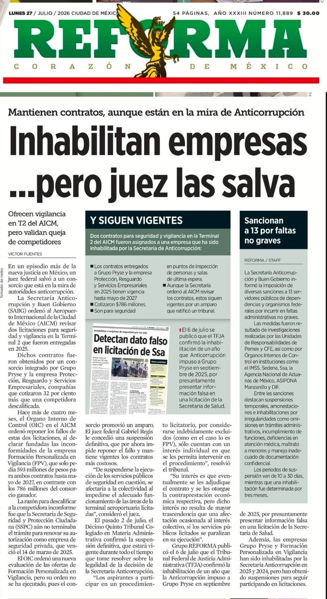 Melissa_Bely's tweet photo. "Con el nuevo Poder Judicial vamos a tener mejores jueces"

Dijo Claudia Sheinbaum..

3 Doritos después..

Inhabilitan a una empresa por mentir en licitaciones... pero un juez la salva y la deja cobrar 786 millones en el AICM. 

Con jueces "elegidos por el pueblo" así, ¿para qué necesitamos empresas honestas?