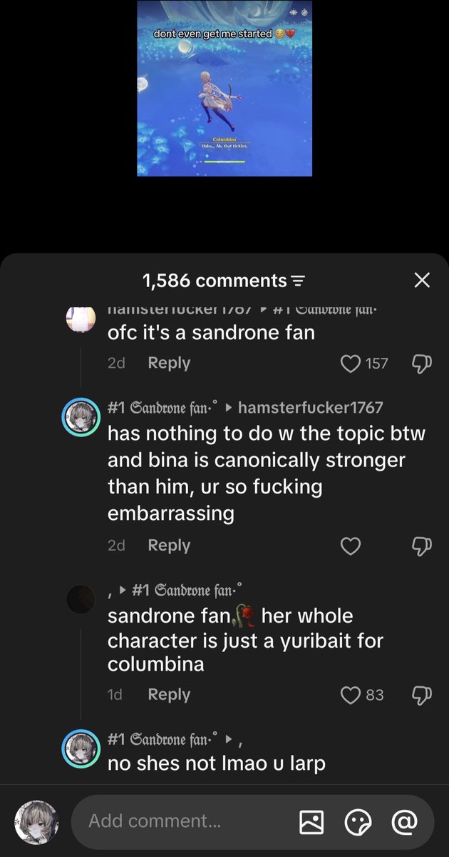 Tgch0ob's tweet photo. @SecretivePlott7 I came across this columbina hate vid where the op is hating on columbina bc she was literally js laughing and one person said smth with the lines "dottore should've killed her" and...? https://t.co/7SPXGx0Ok8