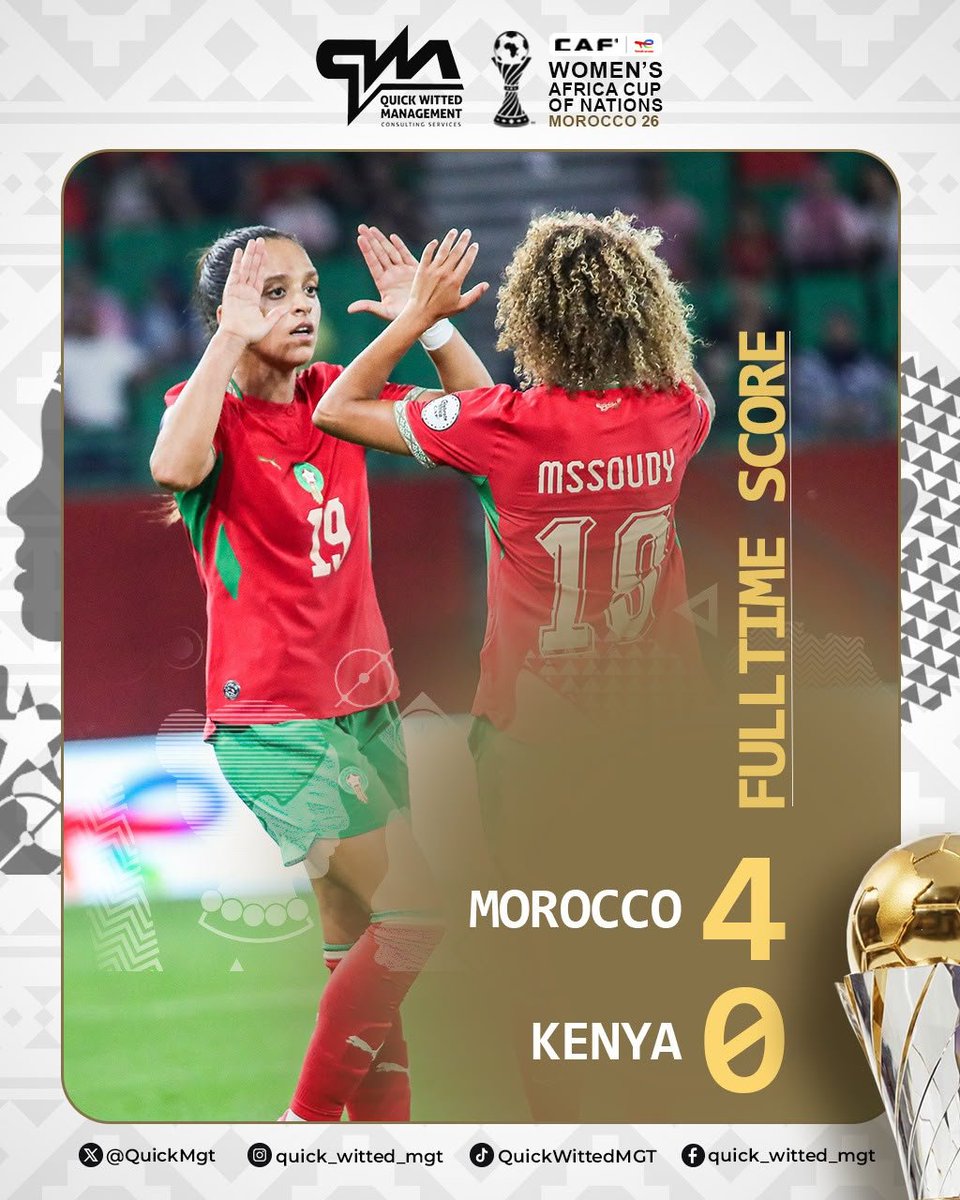 NMegan82197's tweet photo. ⚽ Carton plein pour les Lionnes de l’Atlas ! 🇲🇦

Score Final : MAROC 4 - 0 KENYA 

Une entrée en matière solide pour le pays hôte à la CAN Féminine 2026 !  

#WAFCON2026 #TeamMorocco #DimaMaghrib� #TotalEnergiesWAFCON2026 #QuickWittedMGT https://t.co/y7v430On3g