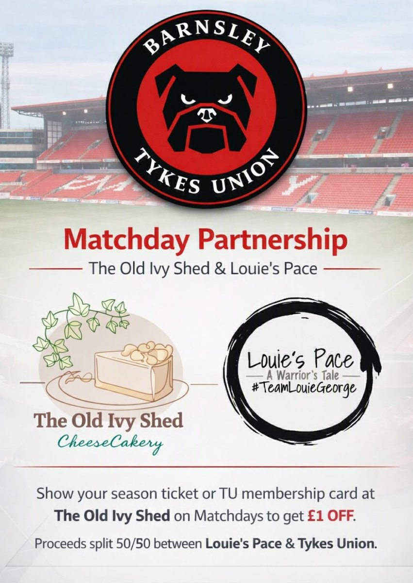 TykesUnion's tweet photo. Old ivy shed 🤝 Tykes union 🤝 Louie’s pace

We have partnered up with  the Old Ivy Shed  if you show your tykes union membership or your season ticket you get £1 off that £1 will be split and 50p will go to Louie's Pace - A Warrior's Tale and 50p will go to Tykes union https://t.co/IY0UwK1zhu