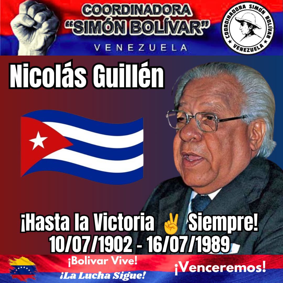 AlSondel23_'s tweet photo. ¡Viva la memoria histórica de Nuestra América! ✊🏽🇨🇺🇻🇪
A 124 años del natalicio del Poeta del Pueblo, Nicolás Guillén, honramos su poesía mulata y militante. Uniendo la raíz negra y española en una sola lucha antiimperialista. ¡Sin memoria no hay victoria! 🥁
#NicolásGuillén #CSB https://t.co/5yqamgDEmD