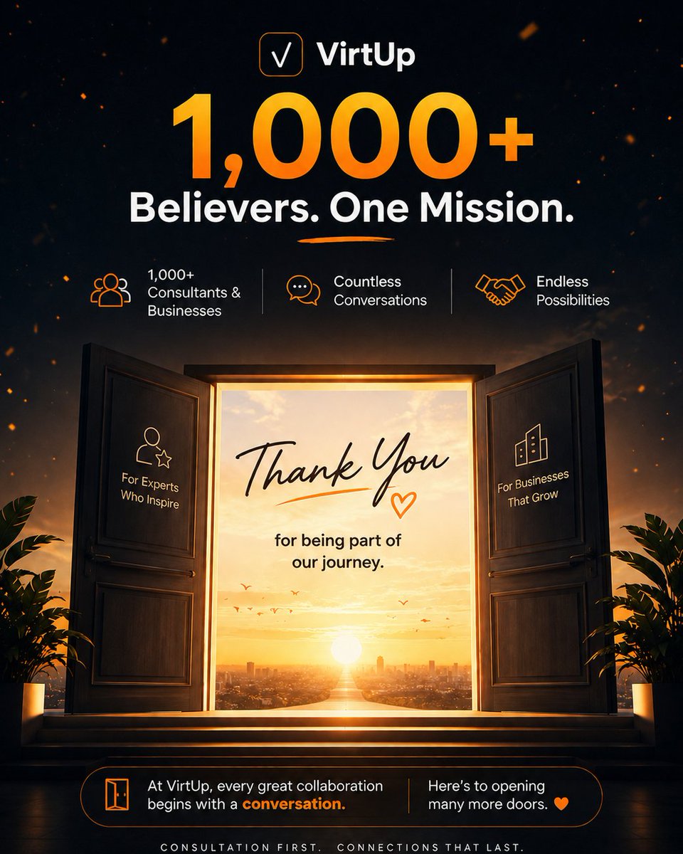 itisVirtUp's tweet photo. We've crossed 1,000+ sign-ups; thank you for being part of the VirtUp journey.

#consultant #marketplace #milestone #startup https://t.co/sJCB9WHBUv