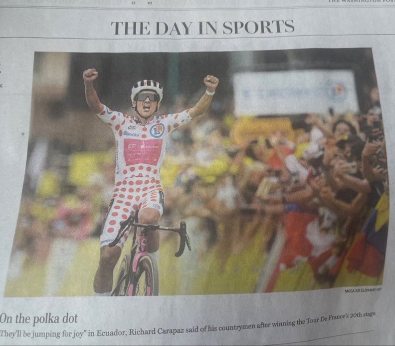 Teradeportes's tweet photo. Medios internacionales destacan de
la participación de Richard Carapaz, en el Tour de Francia 
Washington Post, artículo sobre el triunfo de Richard Carapaz - orgullo para el país. https://t.co/Prf6FXwCPn