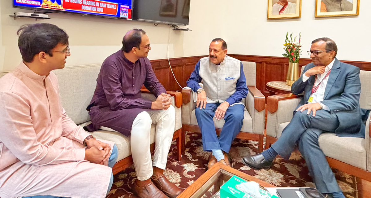 DrJitendraSingh's tweet photo. #Skyroot Team leaders, Pawan Kumar Chandana and Naga Bharath Daka, called on during their first visit to Delhi after the successful launch of orbital Satellite Vikram-1 in very first attempt on 18th July this year.

Congratulated them for becoming India’s first unicorn in Space sector, discussed their future plans and conveyed my best wishes for their next launch scheduled around November this year.

@SkyrootA