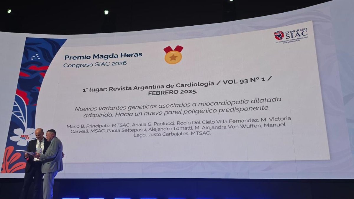 SAC_54's tweet photo. 🏆 Con orgullo compartimos que el trabajo "Nuevas variantes genéticas asociadas a miocardiopatía dilatada adquirida. Hacía un nuevo panel poligénico predisponente", publicado en la Revista Argentina de Cardiología, recibió el Primer Premio al Mejor Trabajo Publicado Iberoamericano. 
Un reconocimiento otorgado por la Sociedad Interamericana de Cardiología (SIAC) y la Revista Española de Cardiología, que pone en valor la excelencia de la investigación cardiovascular en Iberoamérica.
 👏 Felicitamos a sus autores por este importante logro, que enorgullece a toda la cardiología argentina.