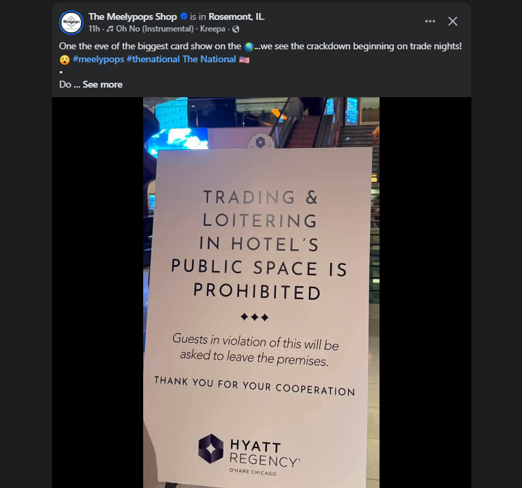 WatchTheBreaks's tweet photo. Ahead of the National, @shopmeelypops shared this restriction from the Hyatt Regency for both TRADING &amp; Loitering https://t.co/YaFnLgGdBo