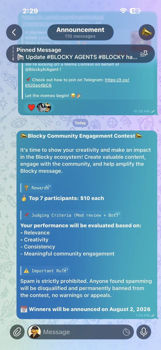 crsandman's tweet photo. Another contest opened on @BlockyAiAgent Telegram Channel 

If you’re an active TG grinder, here is your chance. 

https://t.co/vM28e1YbMc

Follow this account if you don’t want to miss more of this gig. 📣📣📣📣 https://t.co/5X317CjZjE