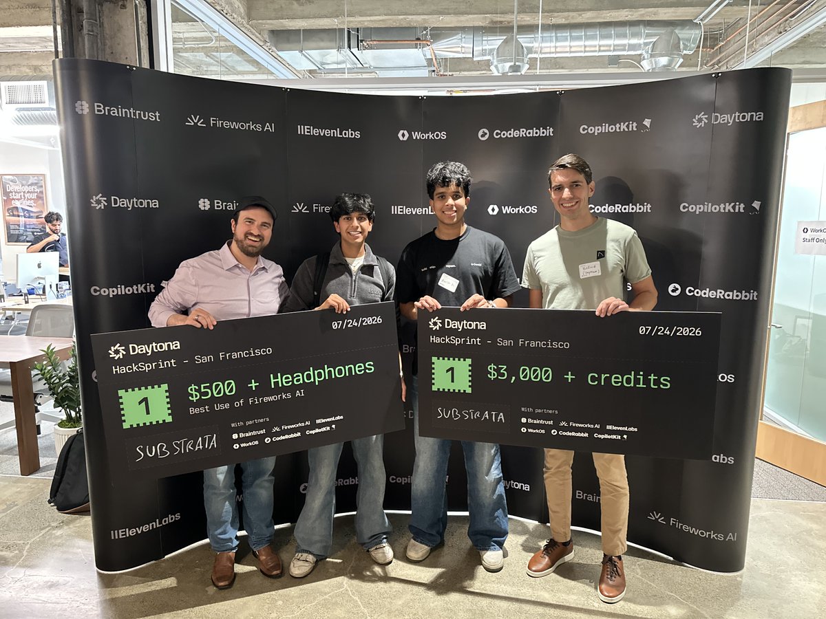 daytonaio's tweet photo. Last Friday we hosted the @daytonaio HackSprint @braintrust at the @WorkOS office in San Francisco, and it was a blast! 🚀

Huge thanks to our partners @braintrust, @FireworksAI_HQ, @ElevenLabs, @WorkOS, @coderabbitai, and @CopilotKit for making it happen.

And thank you to all the hackers, judges, mentors, volunteers, and participants who made this event unforgettable.

🏆 Winners

🥇 1st Prize + Best Use of @FireworksAI_HQ AI ($3,500 + credits) SubStrata — @shivanshb2008, @AnishG_07 & Neev Tamboli

🥈 2nd Prize ($1,000 + credits)
Preview Dog — @shintaro032 

🥉 3rd Prize ($500 + credits)
Meridian — @PalemDaDalem, Ayaan Faisal & Azra Bano

🏅 Best Use of @daytonaio ($1,000 + credits)
Katena — @dghiberdic, Justin Stefan Stoica-Tica & David Gvadzabia, Vladimir Necula

🎖️ Best Use of @braintrust ($500 + LEGO set)
ForkLab — @kqbump4 

🏅 Best Use of @ElevenLabs 
VoiceSRE — @peyton_li_

🏅 Best Use of @coderabbitai ($1,000)
Airlock — @ChinesePowered 

🎖️ Best Use of @CopilotKit  ($500 + Meta Ray-Ban)
TryRepo — @kendamaryu

Congratulations to all the winners and everyone who built something amazing over the weekend. See you at the next HackSprint! 🎉