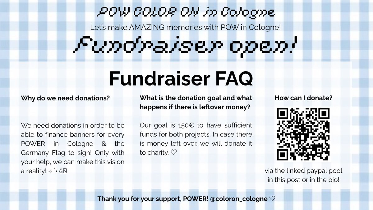 coloron_cologne's tweet photo. POWER! It's finally time to start driving donations! Our goal is to raise 150€ in order to provide a banner for every POWER! Even the smallest amount helps a lot! ♡

POW and us are counting on you! 🤗

#파우 #pow_coloron #coloron_cologne https://t.co/JCJIRg0lU1