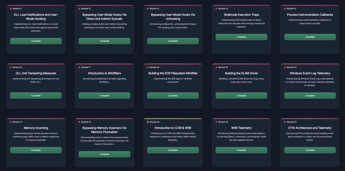 MalDevAcademy's tweet photo. Since launching the EDR Internals & Development course last month, the feedback coming in has been incredible.

Students are learning how EDRs work internally while building an agent from the ground up. The training is packed with technical depth and is not easy, making it very rewarding upon completion.

EDR Internals & Development: https://t.co/LeGYIWO09h