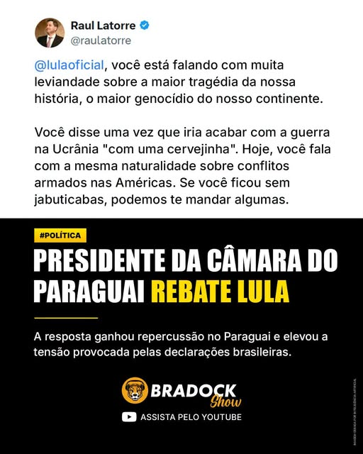 zfabrogmailcom's tweet photo. Presidente da câmara do Paraguai rebate Lula. 
Estamos passando vergonha até aqui com nossos vizinhos. https://t.co/yMW20H4RHT
