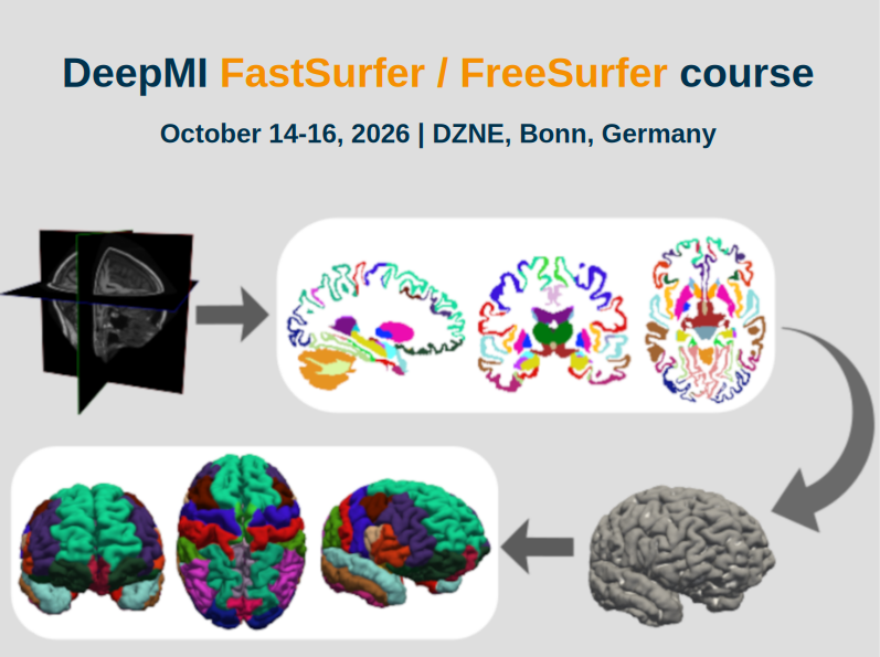 deepmilab's tweet photo. We are happy to announce the "DeepMI #FastSurfer / FreeSurfer Course", Oct 14-16, 2026, at DZNE in Bonn, Germany: a hands-on, introductory course on modern methods for fast and reliable neuroimage analysis (lectures, demonstrations, practical exercises)
https://t.co/kPWA0irLSj https://t.co/lAadPJqL0s