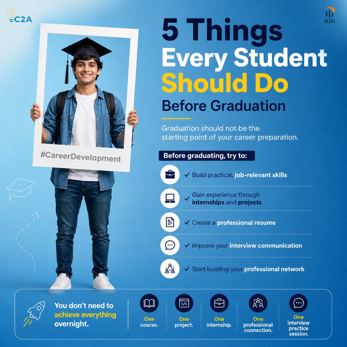 concept2ac85568's tweet photo. 5 Things Every Student Should Do Before Graduation
Build job-ready skills
Gain internship experience
Create a strong resume
Improve interview skills
Grow your professional network
Start today. Small steps lead to big opportunities.
#Students #CareerTips #JobReady #C2A https://t.co/97miQQ5EuU