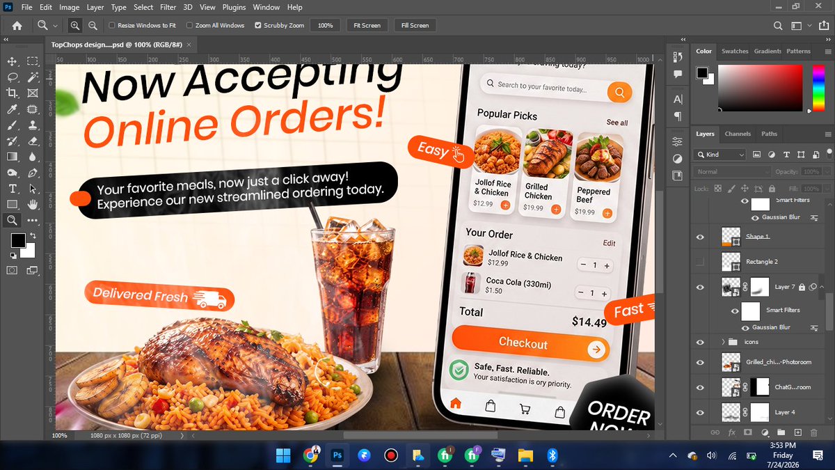 mph_graphics's tweet photo. How to Design Simple Social Media Design Using Photoshop
Link 👇
https://t.co/RZFxm2eaCD

#Photoshop #GraphicDesign #SocialMediaDesign #FoodDesign #RestaurantMarketing #AdobePhotoshop #DesignTutorial #CreativeDesign #ContentCreation #TopChops #LearnPhotoshop #DigitalDesign https://t.co/KPQqQ5FXCy