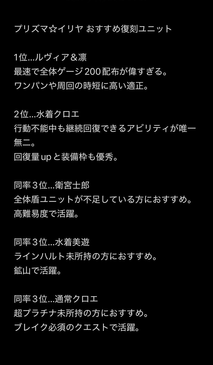 jgYrtmyDf7AP6ti's tweet photo. 新規ユニットは2人ともバランスの取れた良い性能になってますね
イリヤは剣心未所持の方に、美遊はフリーレン未所持の方におすすめです
イリヤの主人公化も使い所によっては刺さりそう
イラストもめっちゃ良いb

復刻ユニットの優先順位は画像にまとめました
後編ユニットの性能も楽しみ！

 #グラサマ https://t.co/GNnunrZdrv