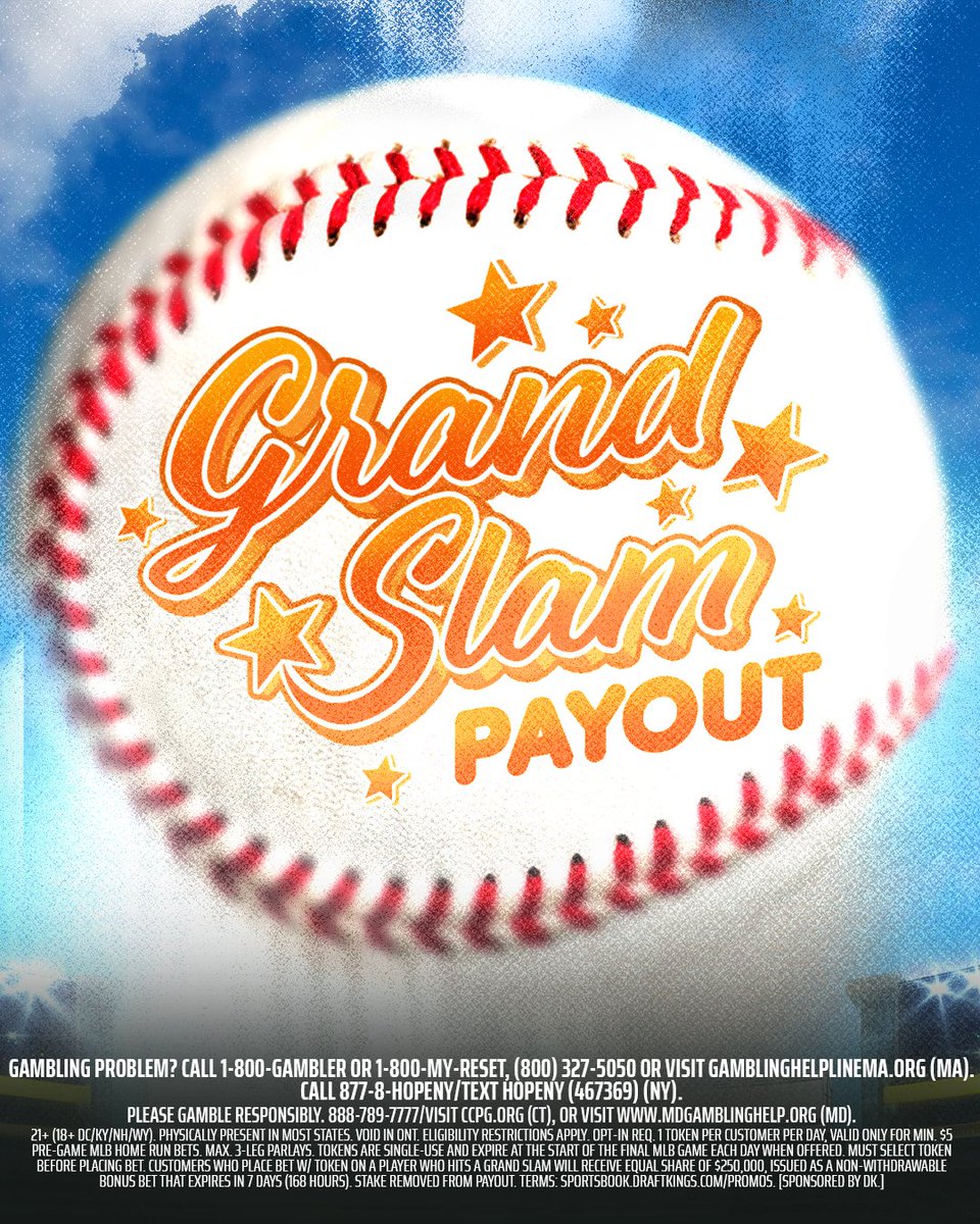 DKSports's tweet photo. Monday. You know what that means ⚾️

Grand Slam Payout is back. Pick a player to hit a home run. If they hit a grand slam, you'll split $250K. 

No grand slam? The prize pool grows by another $250K tomorrow. https://t.co/ej0ee7hrhf