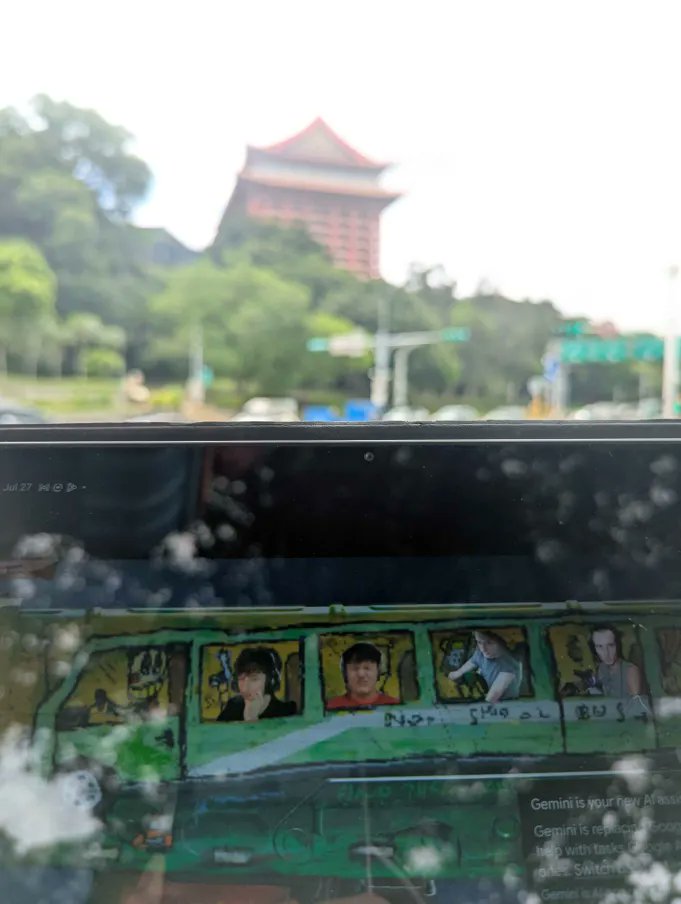 YtcJoseph's tweet photo. #MitchWorldTour
Mitch &amp; friends on the ugly AK bus in Taipei, Taiwan, next to Yuanshan Grand Hotel. 

Fun facts: Built during the Cold War in 1973, it has secret tunnels and a 20 meter escape slide for VIPs and whatnot, wheee~

@mitchsgaming @tomik_sol https://t.co/CzgCtwfV8q