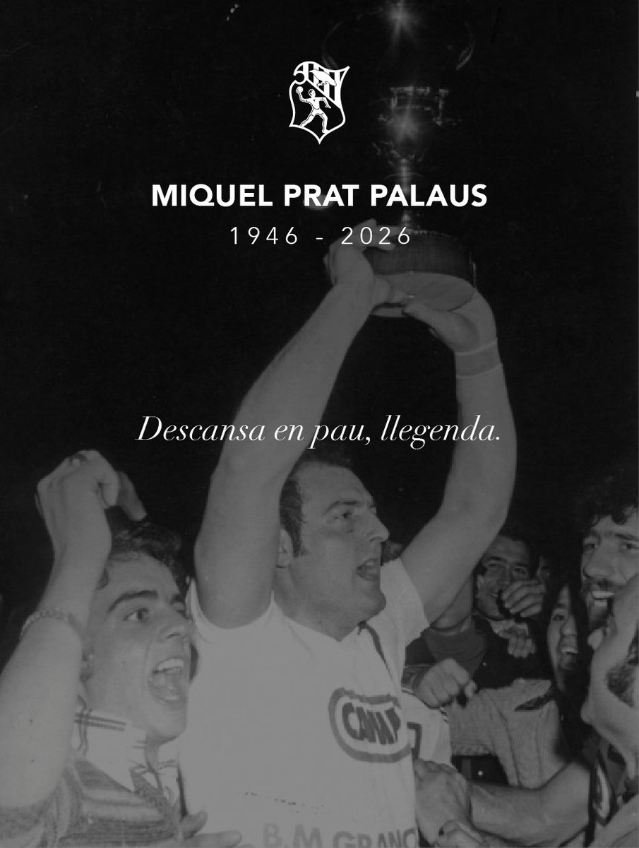 BMGranollers's tweet photo. 🖤 El Club BM Granollers plora la pèrdua de Miquel Prat Palaus (1946-2026), llegenda del club i capità de la Recopa d'Europa del 1976, primer títol europeu de la nostra història.

Descansi en pau. Tot el nostre condol a família i amics. https://t.co/ZSUdL5T4gR
