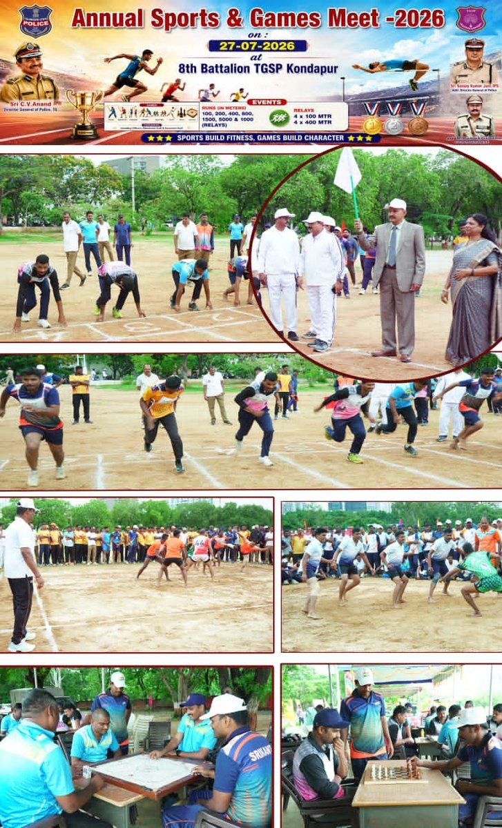8thBnTSSP's tweet photo. The Annual Sports &amp; Games Meet 2026 Opening Ceremony was held on 27-07-2026 at 8th Battalion TGSP, Kondapur, in the presence of Sri M. Ramakrishna, Commandant. On the occasion, all unit personnel actively participated. https://t.co/BySmRIOMKg