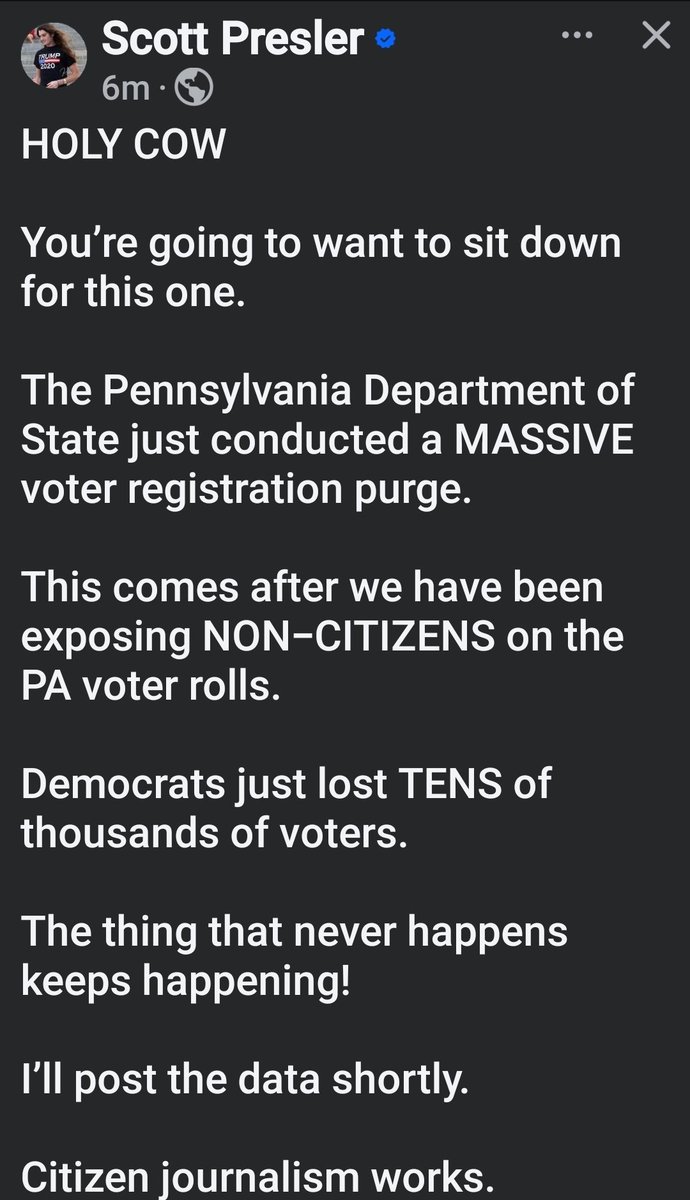 Real_Ames's tweet photo. WOW!  👀 🍿 

Pennsylvania’s voter rolls just got a MAJOR cleanup — and Scott Presler says tens of thousands of Democratic registrations were removed.

Clean voter rolls shouldn’t be controversial. Every eligible citizen should get ONE vote — and every legal vote should count.

Now show us the data. 🇺🇸