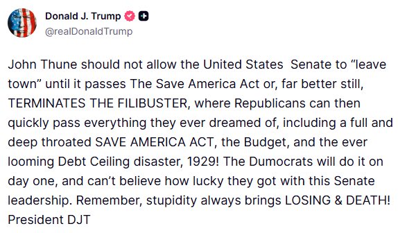 catturd2's tweet photo. President Trump has had it with backstabbing coward John Thune. https://t.co/DUnj8v96Sy