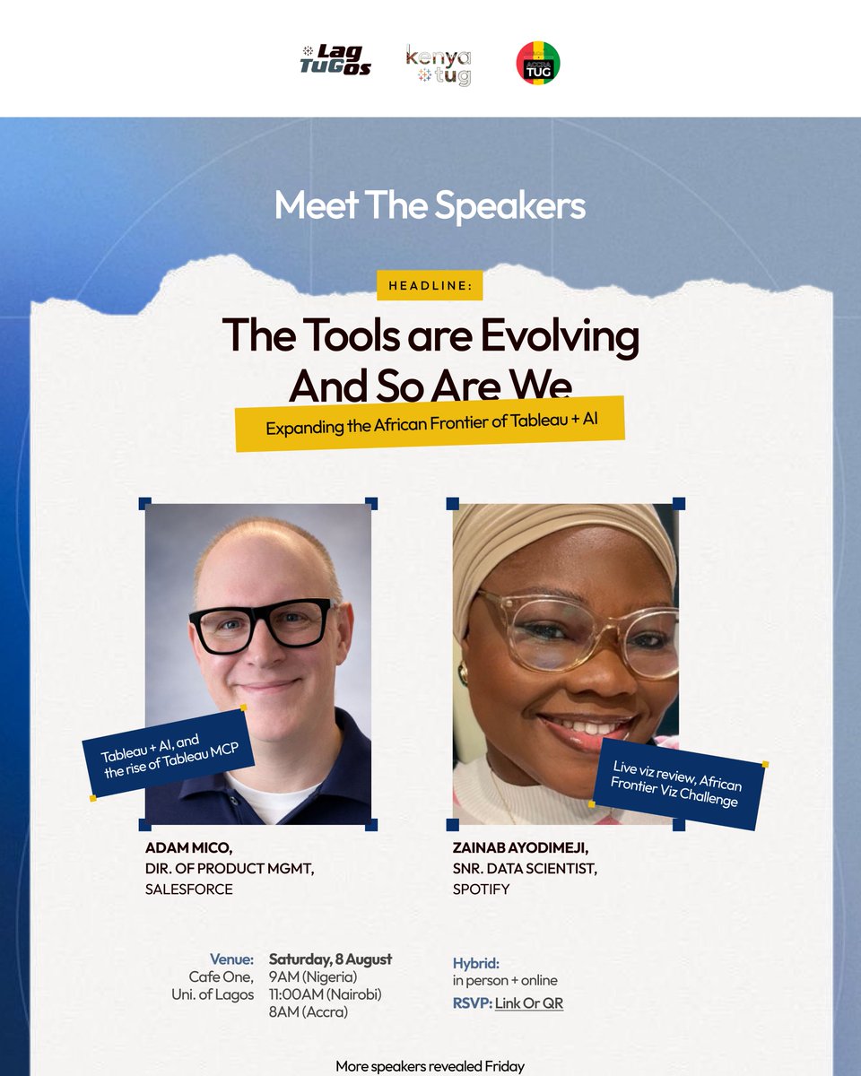 LagosTUG's tweet photo. Together with Accra TUG and Kenya TUG, we're excited to announce our headline speakers for Lagos TUG's second birthday: @AdamMico1 and @zizzy_data.

That's not all.More speakers will be revealed  this Friday.

RSVP: https://t.co/xd1SKUqOST

Challenge🔗 :https://t.co/KB9iu5JEfv https://t.co/4sAbYP1n1X