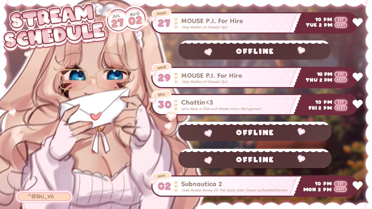 BubbleBeeLucy's tweet photo. Stream Schedule 27/7 - 02/8 EST ~ 28/7 - 03/8 AEDT
♡ Dual Streaming Twitch and YT!! ♡
#vtuber #ENVtubers #ausvtuber https://t.co/LkOCfREM1X