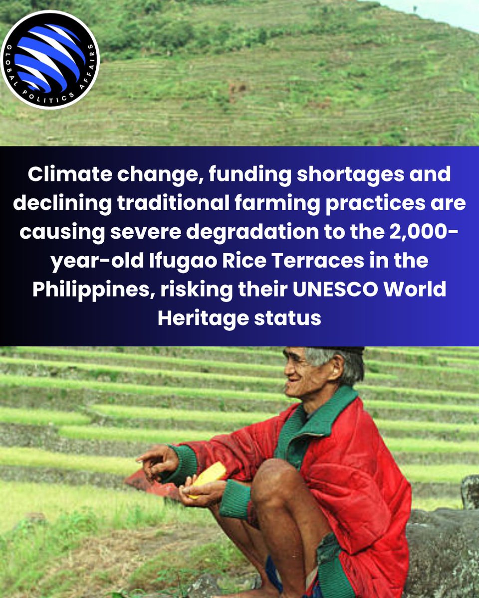 GPAffairs1's tweet photo. Climate change is not only an environmental issue, it is also a cultural heritage challenge. The future of the Philippines' centuries-old rice terraces depends on sustainable conservation and investment.
#ClimateChange #UNESCO #Philippines #CulturalHeritage https://t.co/XbiugWdepC