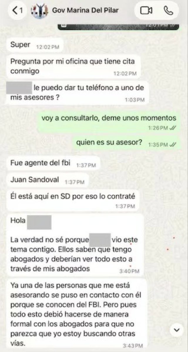 CarlosTorresF_'s tweet photo. La gobernadora sin visa @MarinadelPilar ya reveló el nombre de uno de los ex agentes que le habría estado ayudando para revertir las decisiones judiciales en su contra en Estados Unidos.

El periodista @hdemauleon nuevamente soltó una bomba contra la gobernadora de Baja California Marina del Pilar quien en una conversación de WhatsApp reveló el nombre del exagente del FBI que contrató, para llevar su caso frente a la baja del visado estadounidense.