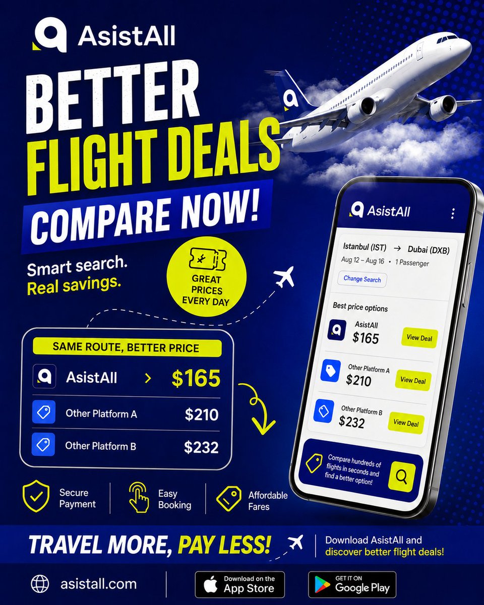 asistallcom's tweet photo. Compare flight options, discover better fares, and book with ease. ✈️

Smart search. Real savings.

#AsistAll #FlightDeals #TravelSmart https://t.co/AfAVrgGWS6