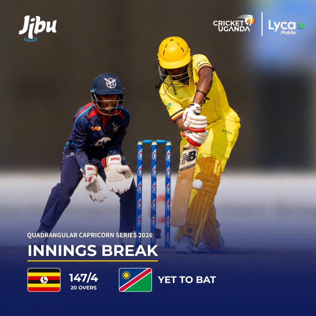 CricketUganda's tweet photo. Innings break | 2026 Quadrangular Capricorn Series. 

Uganda-W post 147/4 in 20 overs against Namibia-W 

🇺🇬: Mbabazi Janet (41 off 36 balls), Nakisuyi Immaculate (43* off 22 balls)
🇳🇦: Hamunyela Victoria (2/20), Kejarukua Eveleen (1/8) https://t.co/hI4TCjppCt