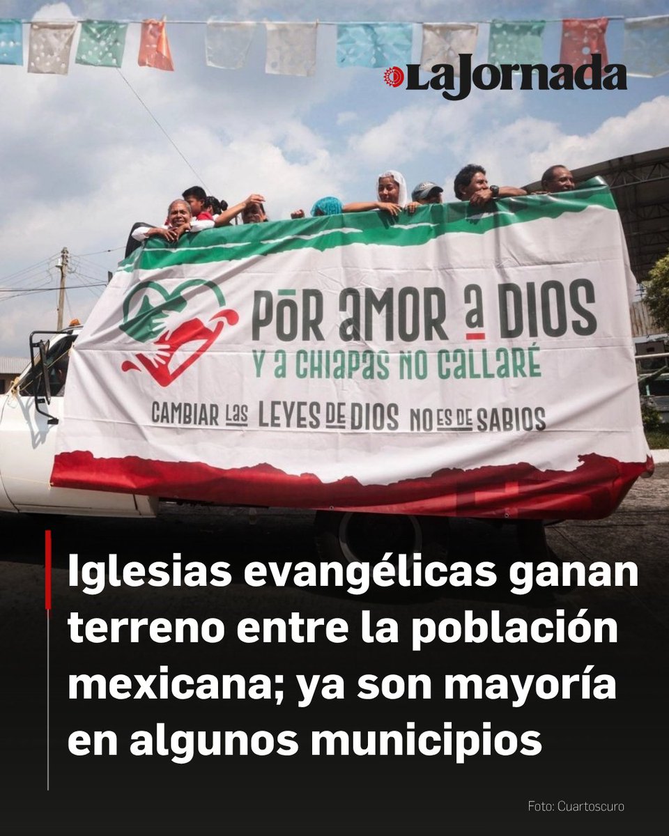 lajornadaonline's tweet photo. Las iglesias no católicas, principalmente pentecostales y neopentecostales, y los nuevos grupos religiosos siguen ganando terreno entre la población mexicana. En algunos municipios incluso dejaron de ser minorías para convertirse en mayorías, en un proceso que investigadores describen como una movilidad religiosa cada vez más intensa.

Detrás de este fenómeno confluyen múltiples factores, explica el también sociólogo y periodista: problemas existenciales o crisis de distinto tipo, la búsqueda de una experiencia espiritual y el acompañamiento que ofrecen otras congregaciones.

Más información en: https://t.co/tXLvYnP9bA