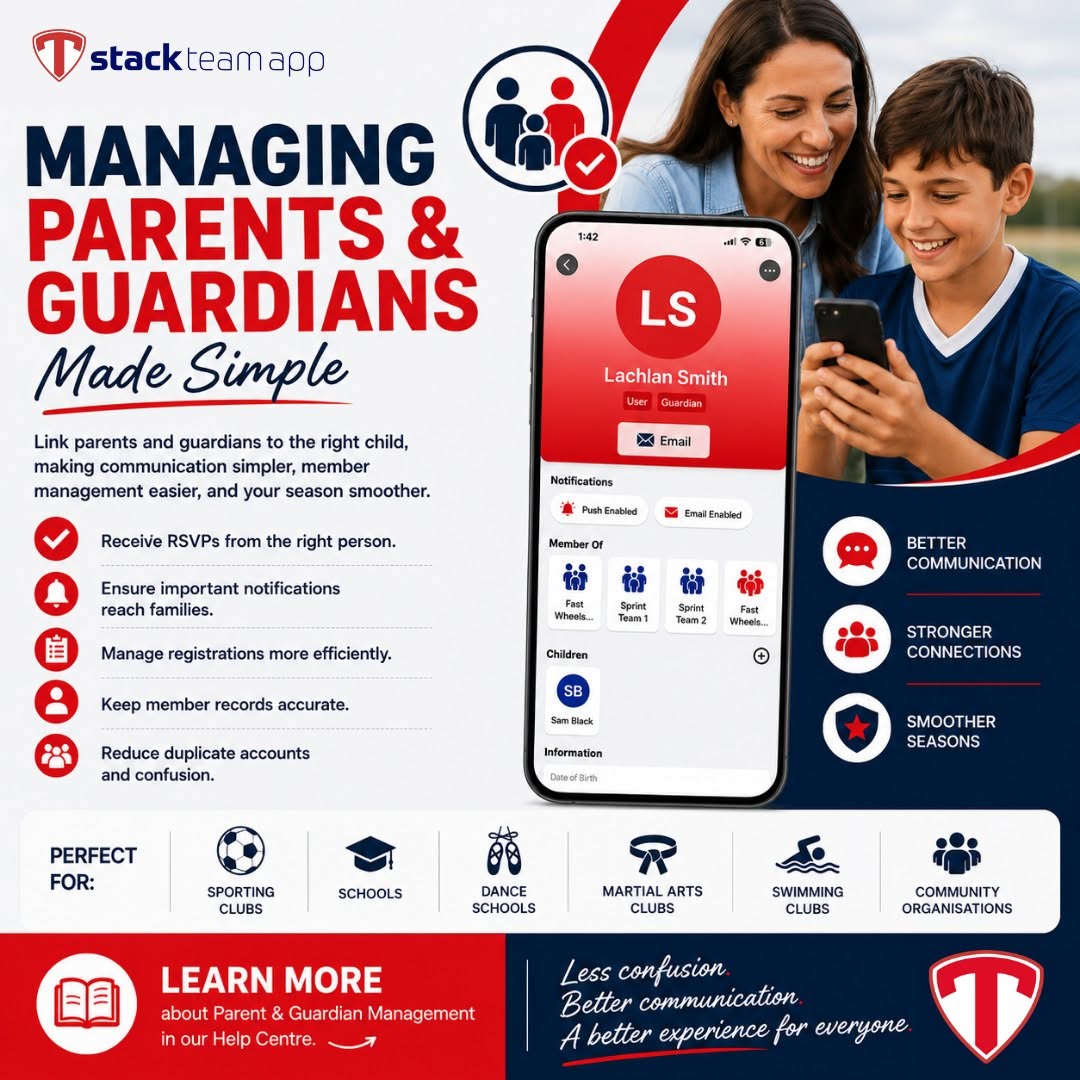 StackSports's tweet photo. Keeping families connected shouldn’t create extra work for your club 👥

With Stack @teamapp, you can link parents and guardians to the correct child, making communication clearer, registrations easier to manage, and member information more accurate.

Learn more here ⬇️