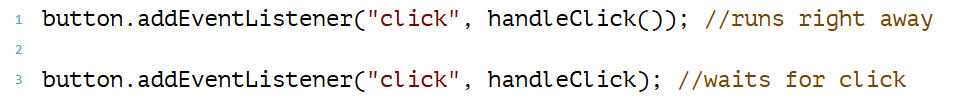 TheOmarSelf's tweet photo. button.addEventListener("click", handleClick());

Where's the mistake?

It looks reasonable, “Run handleClick when the button is clicked.”

But the real flow is:

1. handleClick() runs as soon as the page loads
2. addEventListener receives whatever handleClick returned 
3. the user clicks later, and nothing happens

You don’t call handleClick (the parentheses), you hand it over.

You give the browser the function itself, so it can call it later, not its return value.

A function in JS can be stored, returned it, passed. 

This is the whole idea of a callback: you give a function as an argument to another element.

Most callback confusion is not advanced async theory. It’s this:

function is the instruction.
function() is you executing the instruction right now.

Once that clicks, map, timers, and half the docs pages make sense.