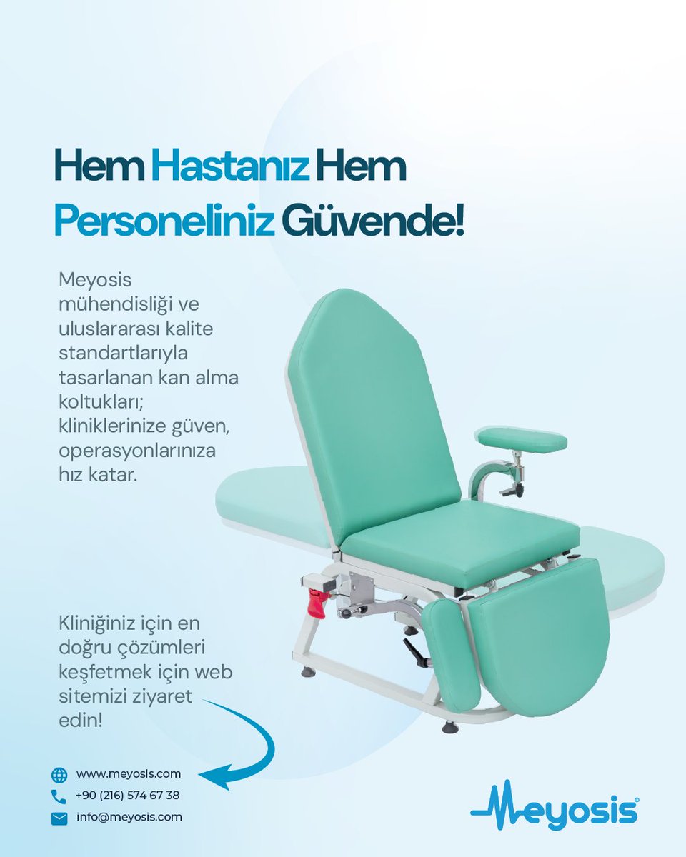 meyosiss's tweet photo. Güvenli bir kan alma deneyimi sadece bir iğneden ibaret değildir! Ergonomik tasarım, acil Trendelenburg pozisyonu ve maksimum hijyen ile hem hastanız hem personeliniz güvende. #KanAlma #Medikal #HastaGüvenliği #Meyosis https://t.co/s3qwYhNY0i