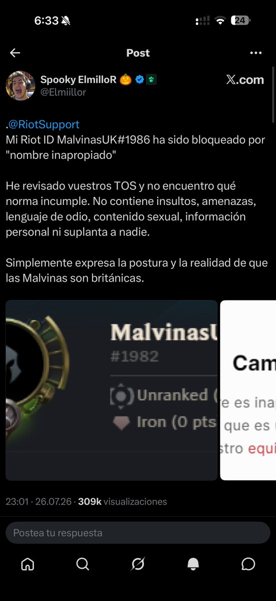 necko's tweet photo. La verdad no entiendo cómo Riot Games apoya a @Elmiillor sabiendo que en los últimos días estuvo riéndose de la muerte de jóvenes Argentinos, fomentando violencia y odio entre argentinos y españoles.

Aún peor… sabiendo el pedazo de Twitt totalmente desagradable y fuera de lugar que subió (que por algo lo borró… adjunto captura).

Cómo vas a hacer chistes sobre jóvenes que fueron obligados a ir a la guerra y murieron?

Cómo te puede causar gracia eso?

Tenés que ser literalmente inhumano. Un verdadero hijo de puta. Acá no te salva la carta de “es mi personaje”

Ponele que te lo tome como que el loco realmente derrapó y pidió hasta perdón… Porque todos nos equivocamos… algunos más, otros menos… pero ni eso, porque sigue alimentando el odio con cosas como este otro Twitt (adjunto captura también)

(Igual que cierto viejo pelado cornudo, que también es español y ustedes lo bancan @lol_es)

Te entiendo que te metas con cualquier otra cosa. Como el típico discursito de que somos racistas (mientras ustedes odian y hablan mierda de los marroquíes), de que nuestra moneda no vale nada, que somos tercermundistas, etc.

Me acuerdo que cuando viví en España, gente dentro de Riot hablaba mierdas, pero mierdas de verdad de Elmiillor como
persona. 
Que era un garca, un mal tipo. Y ahora lo bancan… literalmente lo querían re cagar a trompadas (con razón)

¿Qué pasa @lol_es? Son unos falsos de mierda al final ahí adentro.

@RiotSupport @LeagueOfLegends

Supporting events organized by people who laughs at the deaths of young people who were forced to go to war. 
And also promoting this kind of hate and tweet shit like that? Ay, ay, ay… What a great company you’ve turned out to be.

But am I surprised? Nah…

You’ve also invited to World Championships women 👸🏻 who falsely accused men of serious misconduct, cases that were later shown to be false, while those accusations permanently damaged those men’s careers.

What would have happened if it had been the other way around?… everyone’s knows :)

Riot Memes