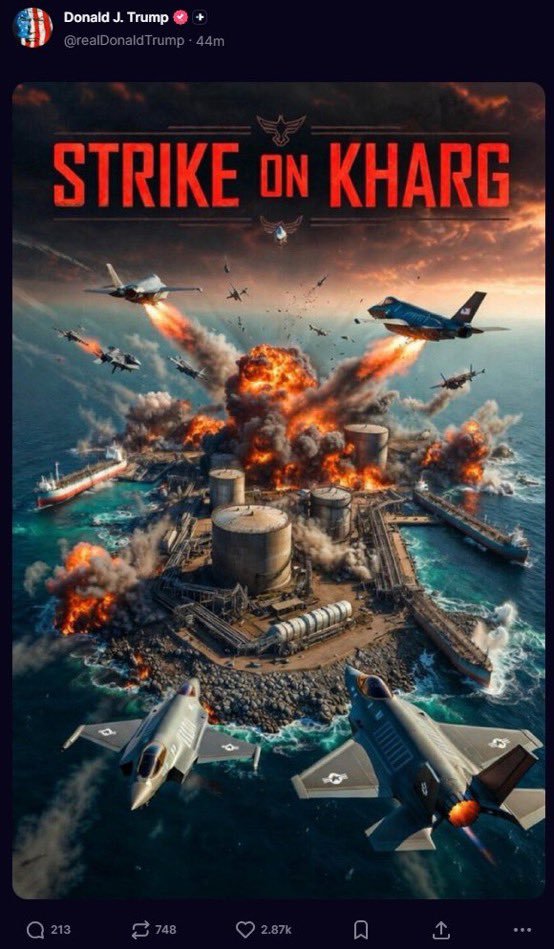 DeepMorpho's tweet photo. トランプ大統領は、米軍がイランの要衝であるカーグ島を攻撃・制圧する様子を描いた、AI生成画像を投稿した。  - Insider Paper
#トランプ https://t.co/5ye7CqhJkm