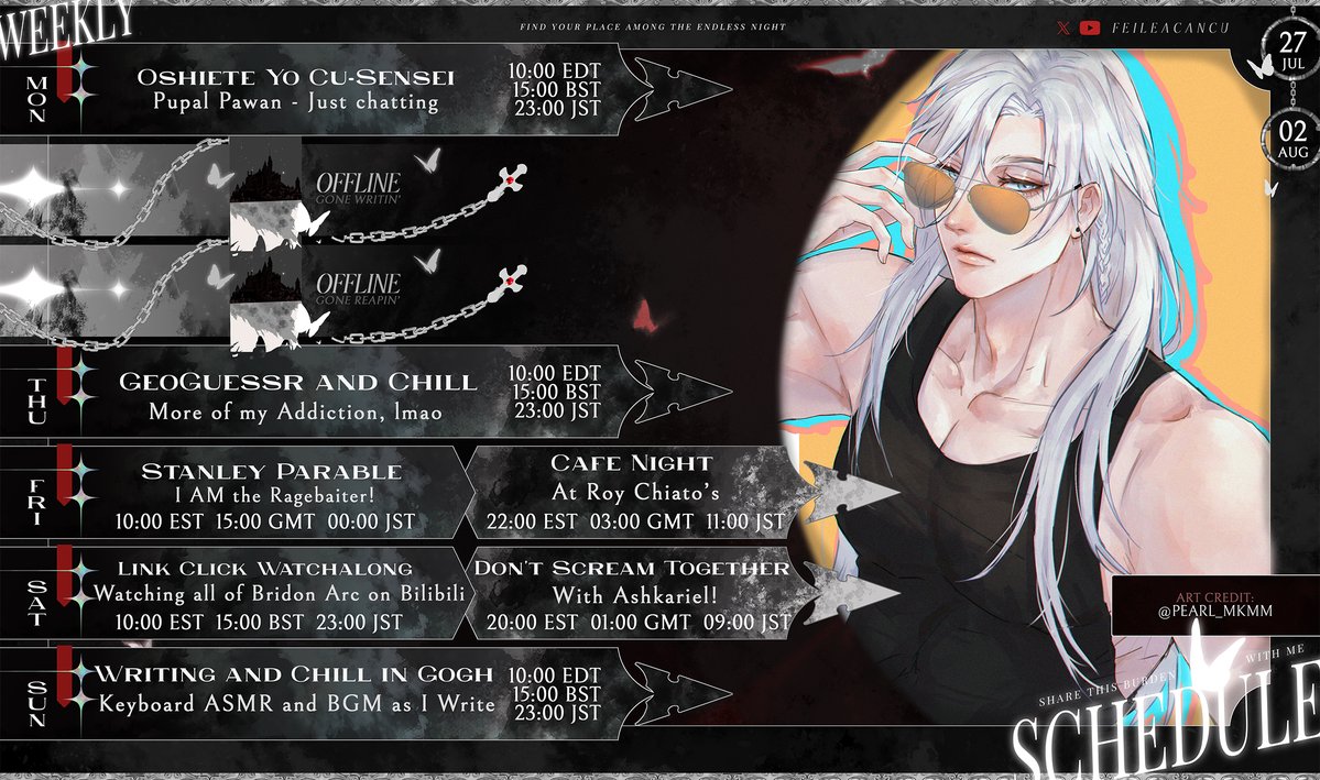 FeileacanCu's tweet photo. Schedule for 07/27 - 08/02 Stacked Week of Short Streams!

🦋Hashtags🐕
LIVE: #OshieteYoCuSensei
Art: #FeileaCanvas
Thumbnails: #Cuuticle
Clips: #FeileaVision https://t.co/hdBNiUknbC