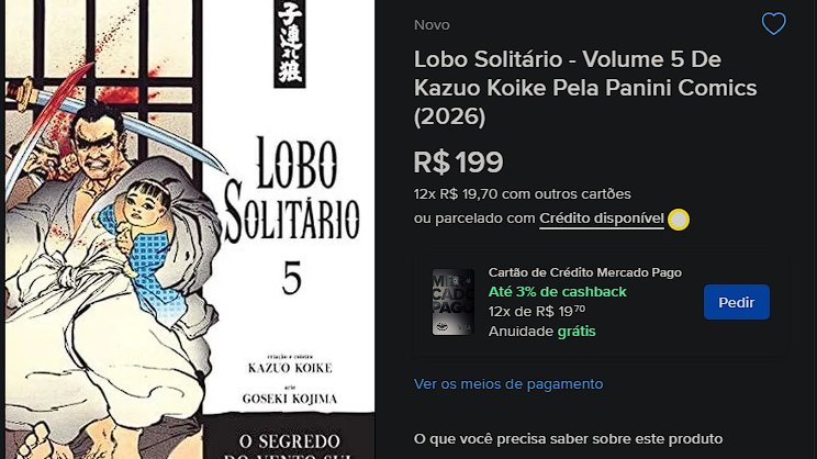 rafa_spfc00's tweet photo. A Panini reimprimiu o volume 5 de Lobo Solitário NESTE MÊS, esgotou e já tem gente vendendo por esse preço. É cada uma https://t.co/RuSP11zjWk