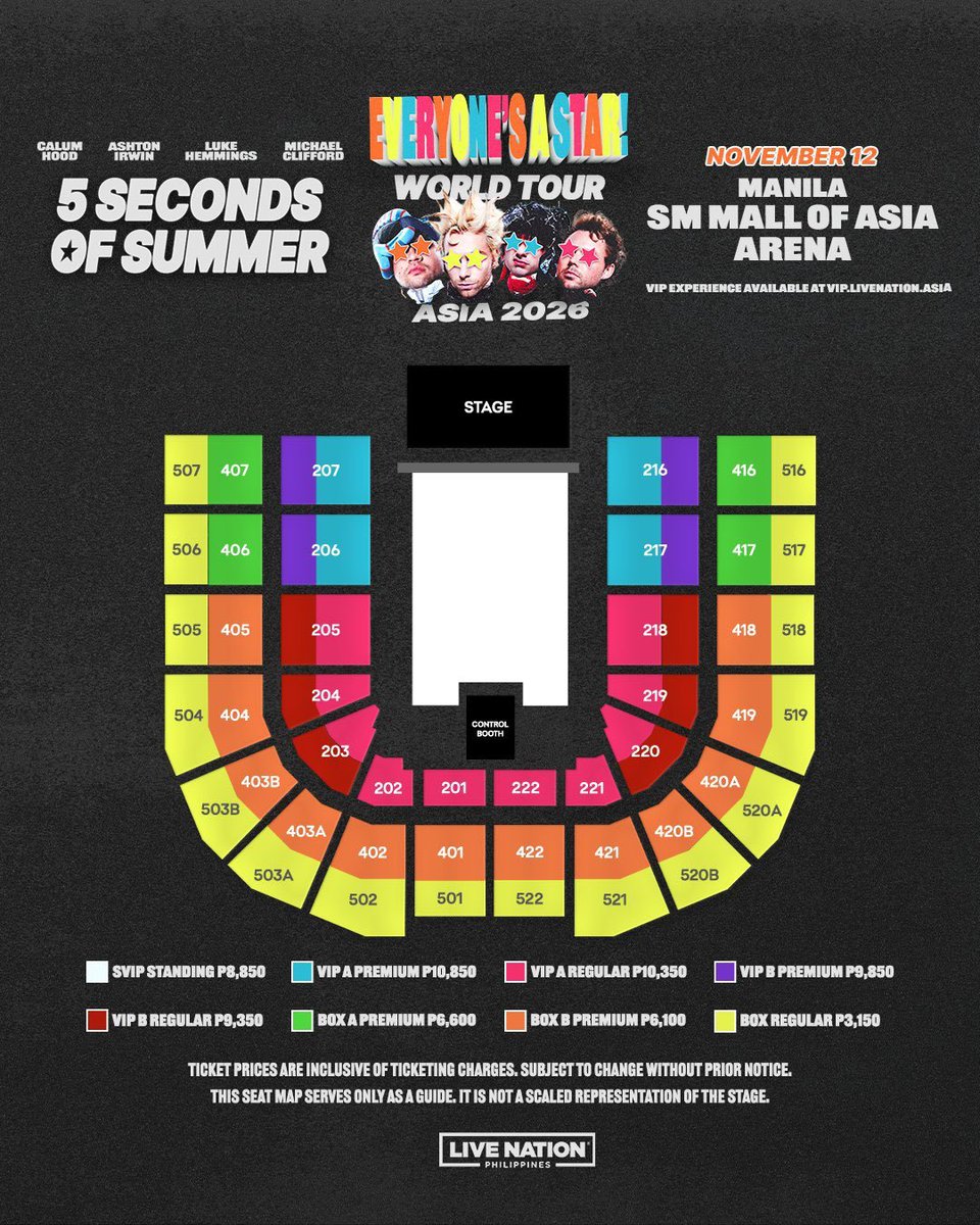 jmbomain's tweet photo. WTS / LFB 5 Seconds of Summer (5SOS) Everyone's A Star! World Tour Asia 2026

Selling Three (3) VIP B Regular Tickets
Section 203, Row M, Seats 17, 18, and 19.
Date: November 12, 2026

RFS: Attending Day 3 instead.

Kindly message me. Thank you!

#5SOS #5SOSinMANILA https://t.co/NNhHRiGgoC